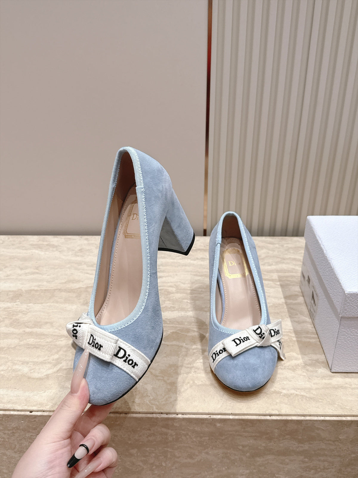 CD 26s Block Heel Pumps 7cm Denim Blue Suede 121653