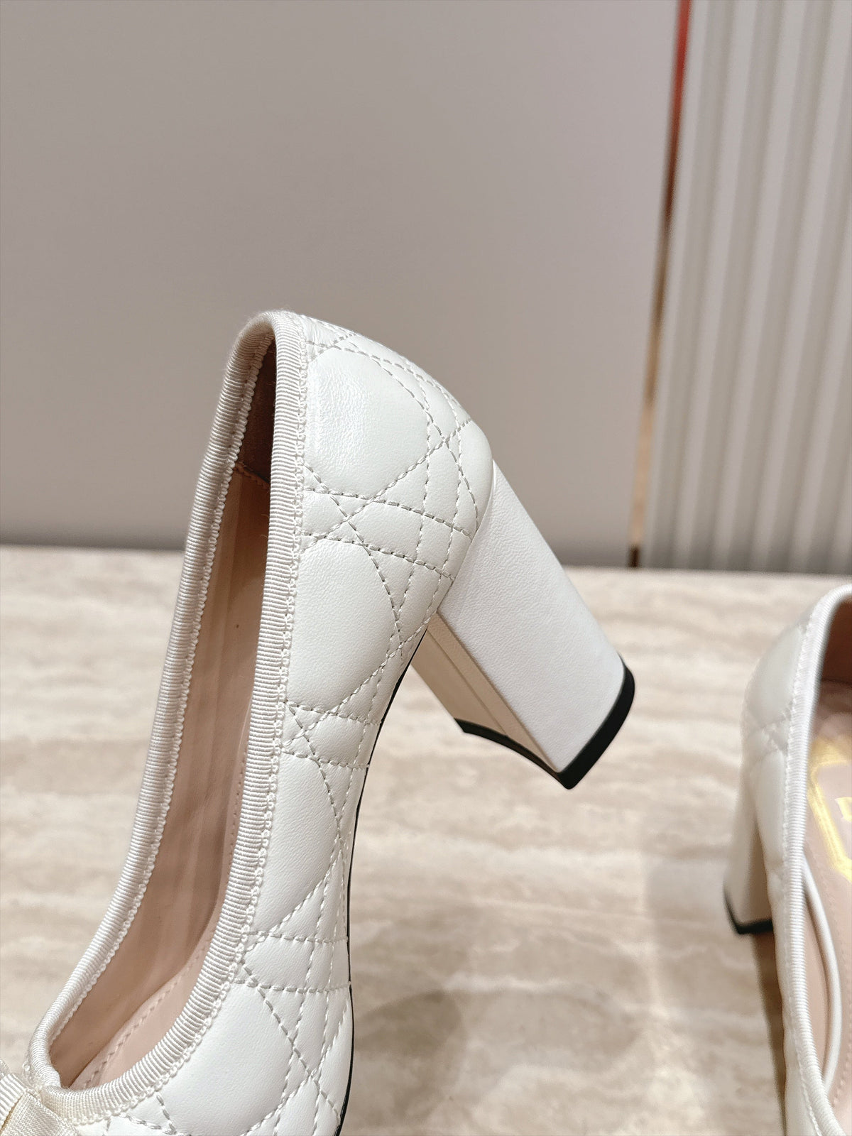 CD 26s Block Heel Pumps 7cm Off White Cannage Quilted Leather 121655