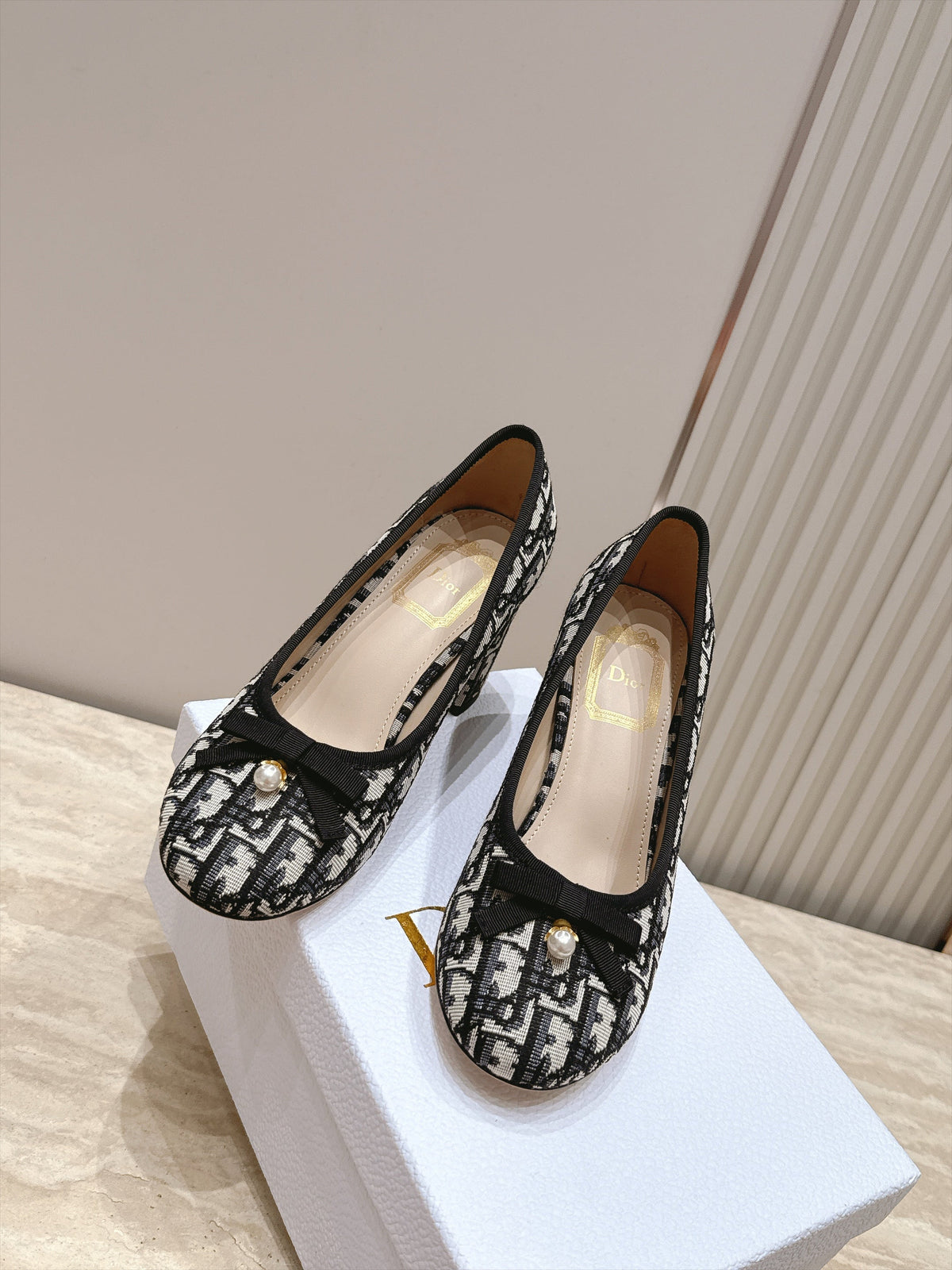 CD 26s Block Heel Pumps 7cm White Black Oblique Canvas 121657
