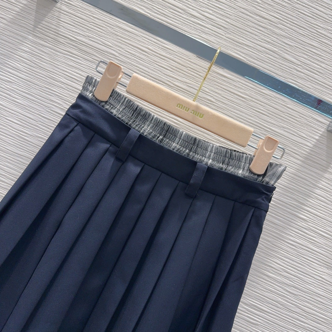 Miu SS26 Set Polo Shirt Pleated Skirt Navy Blue Polyester Cotton 351275