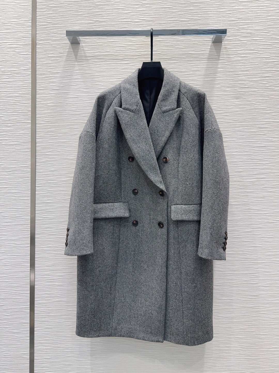 BC 26s Grey Herringbone Double-Breasted Wool Coat 447556