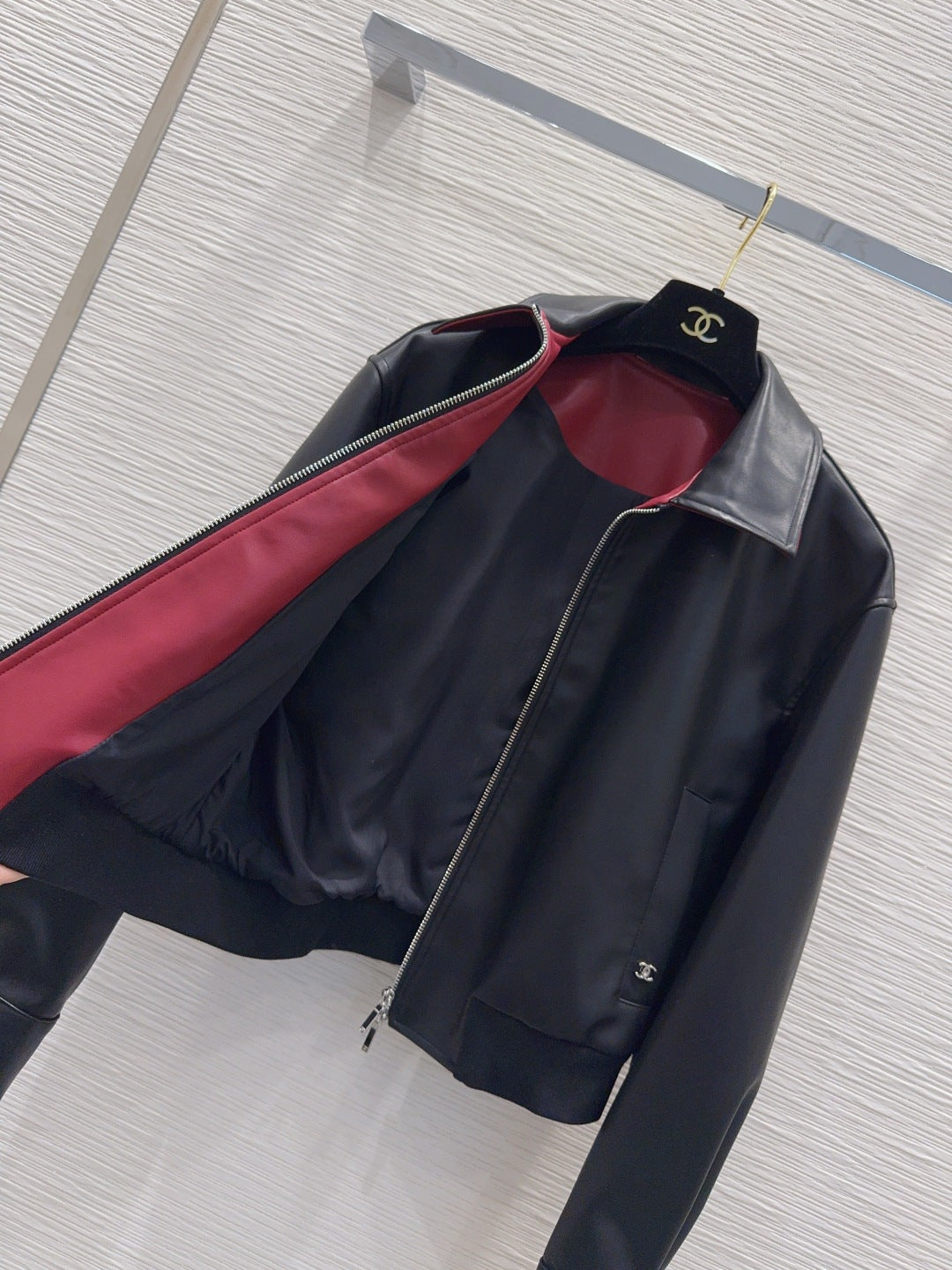 Chanel 26s Black PU Leather Bomber Jacket 447531