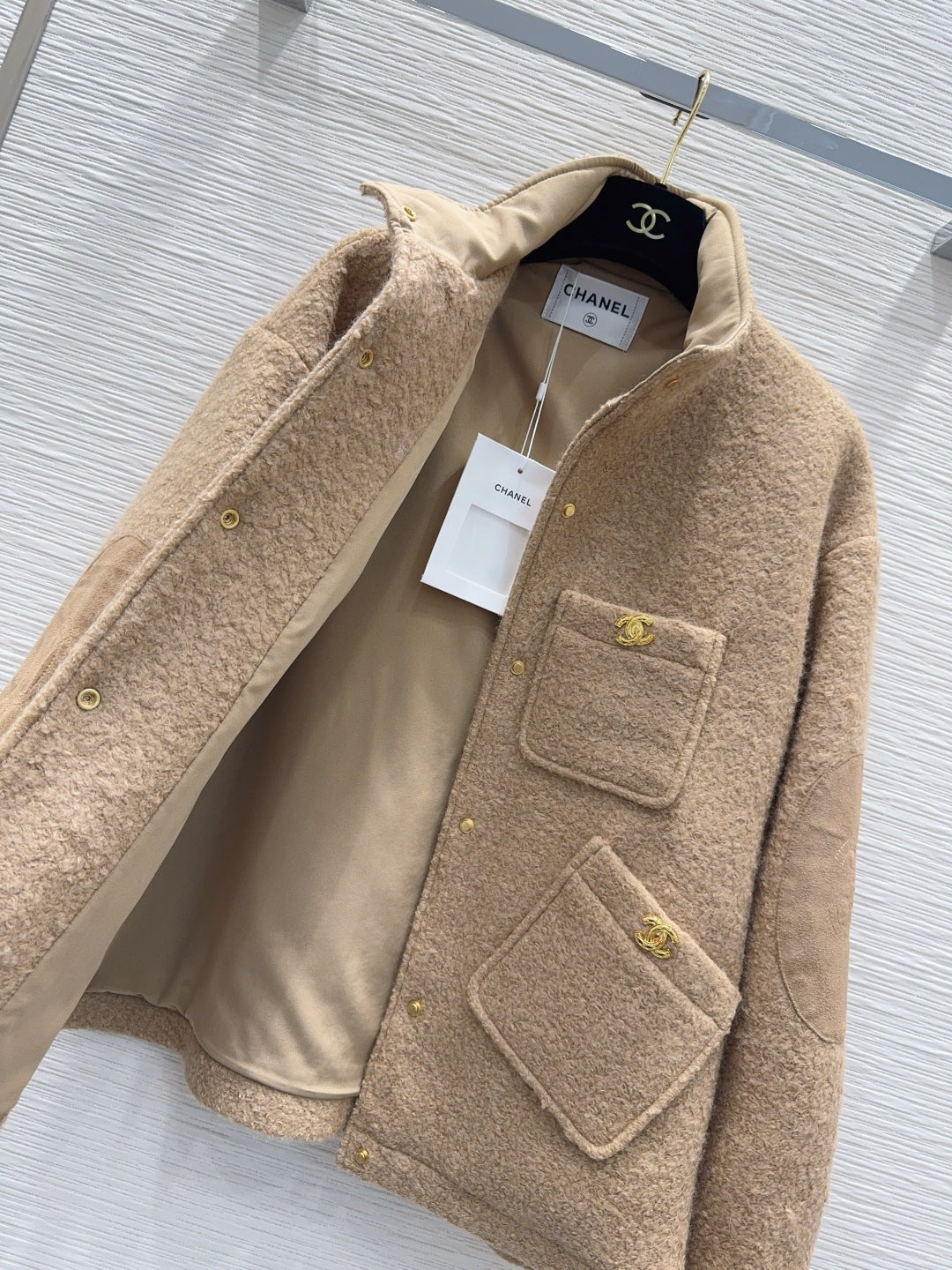 Chanel 26s Beige/Navy Blue Wool Polyamide Standing Collar Jacket 447512