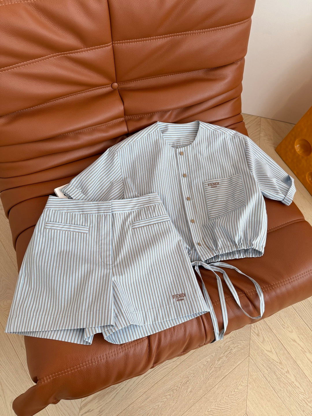 Fendi 25 Letter Logo Embroidered Striped Suit Blue Cotton