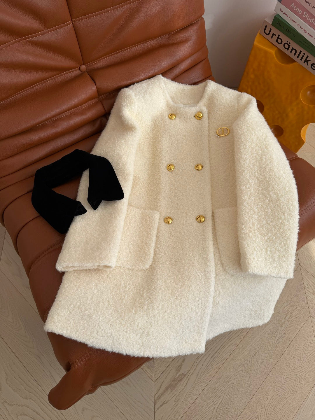 CD Ivory White Black Wool Coat Velvet 333561