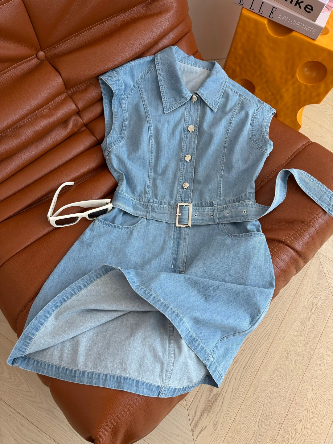 Celine 26s Light Blue Washed Denim Dress 398137
