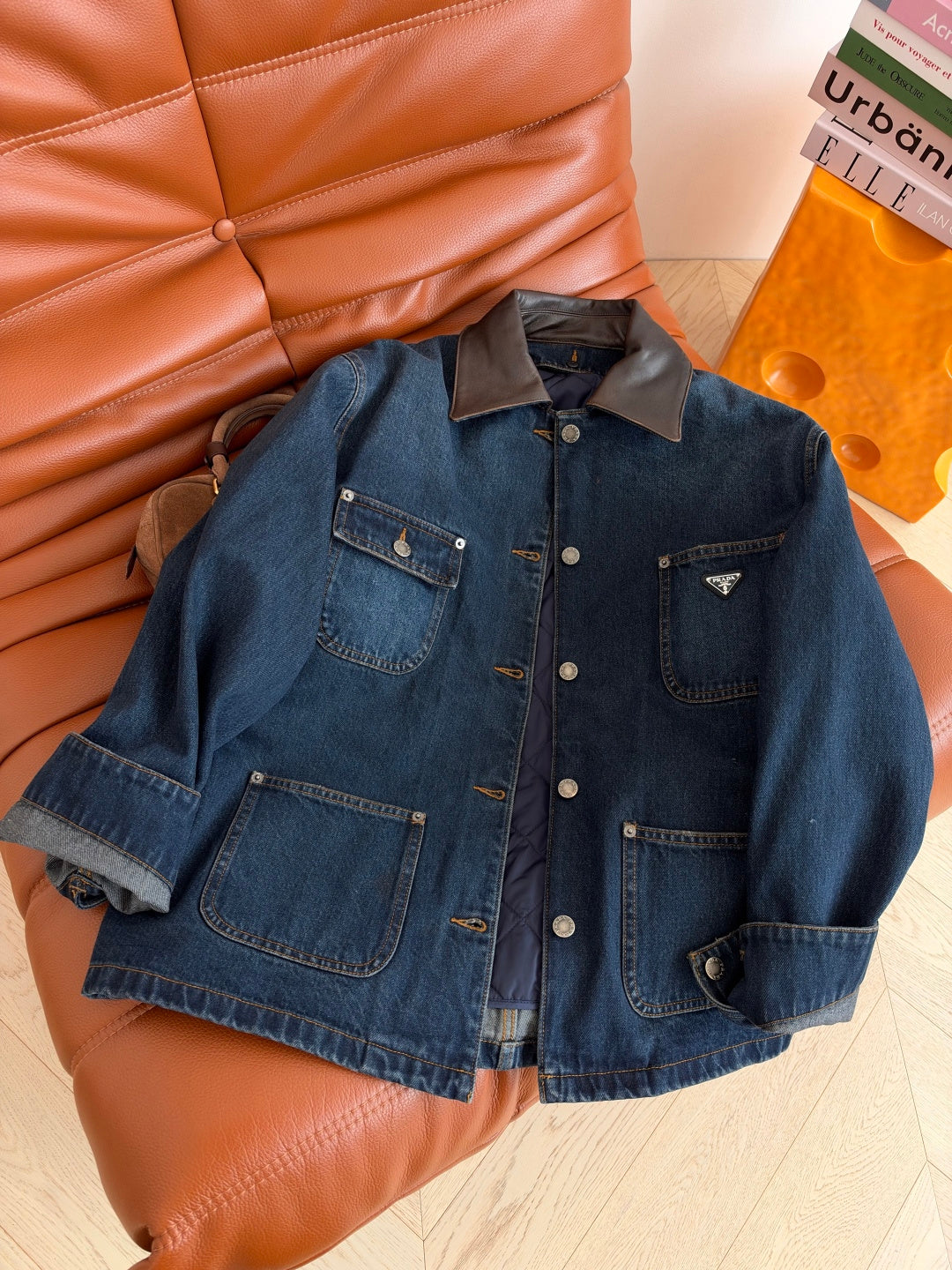 Prada 26s Leather Collar Organic Denim Jacket