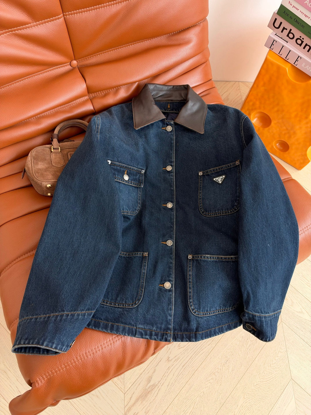 Prada 26s Leather Collar Organic Denim Jacket