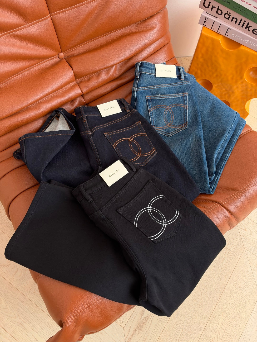 Chanel 26s CC Pocket Stitch Denim Jeans Blue Navy Black 444973