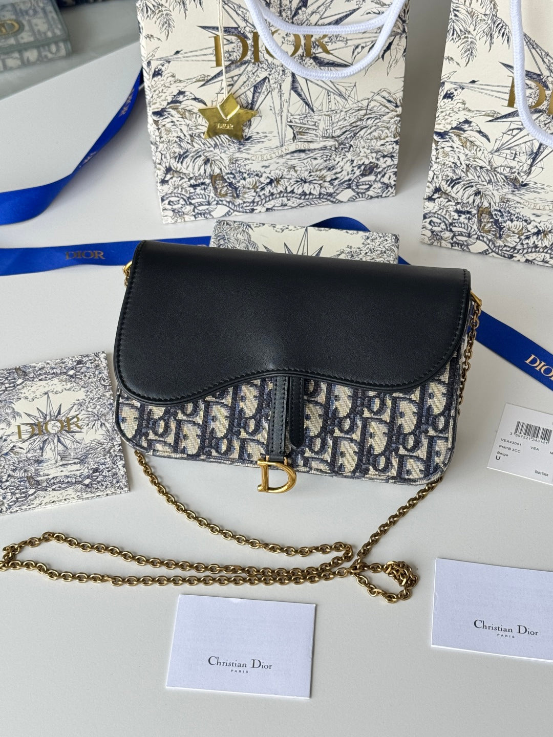 CD S5907CNKO Medium Saddle Pouch with Chain 21.5cm Blue Jacquard Cowhide GHW