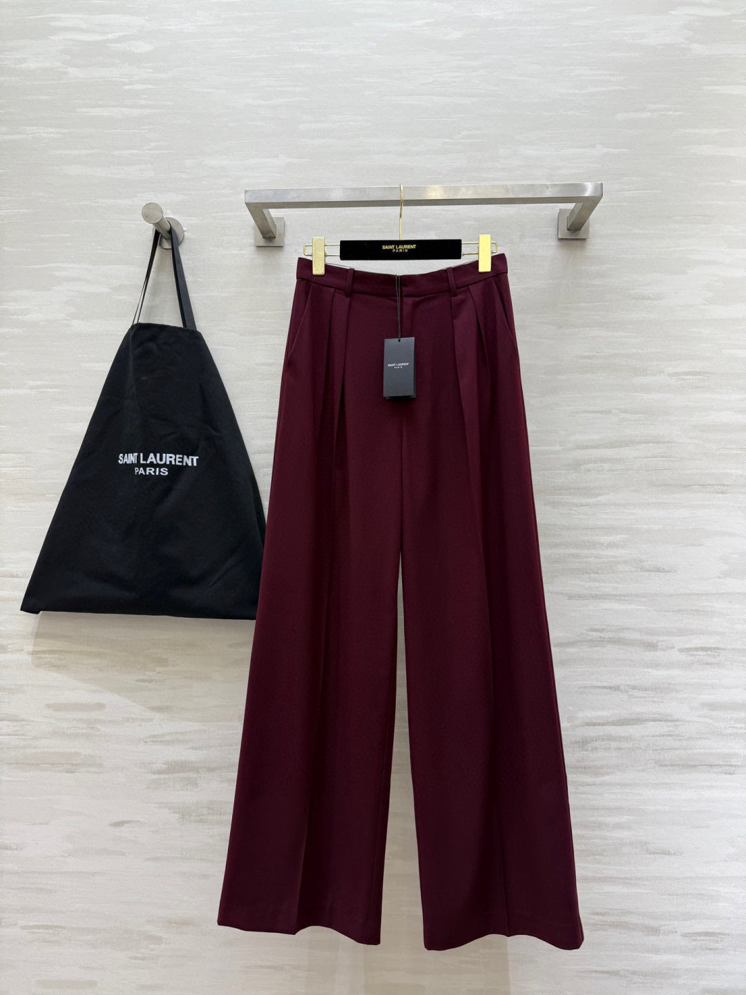 YSL 26S Burgundy Pleated Wide Leg Trousers 428261