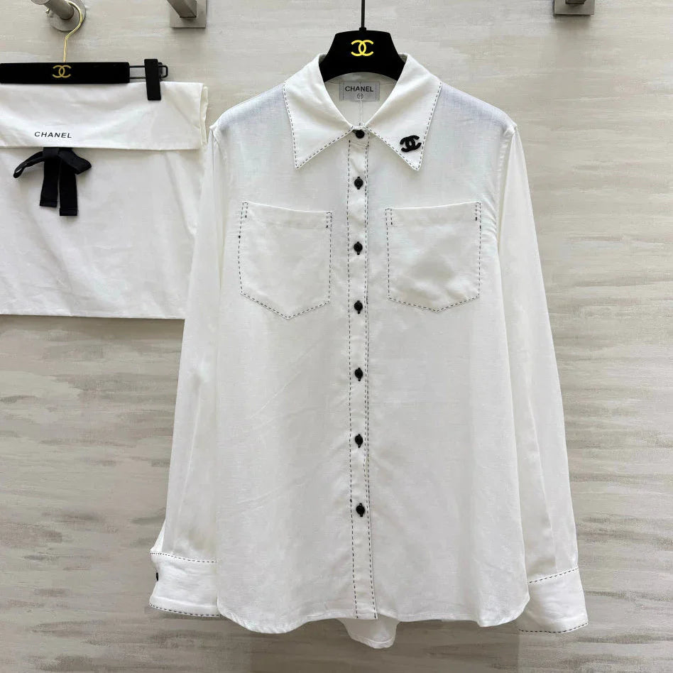 Chanel 2026 Black Logo And Button Shirt White Cotton 391171