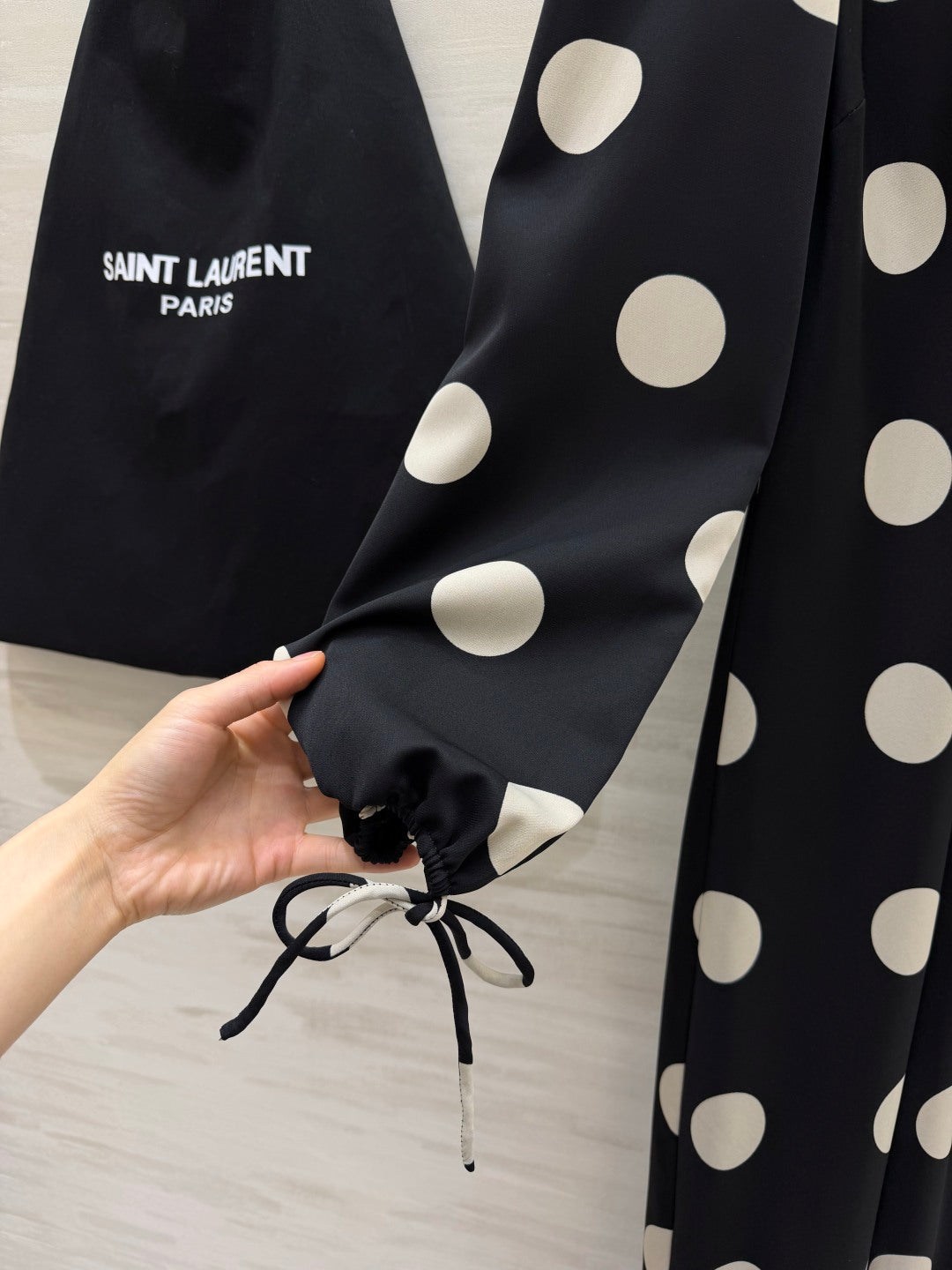 YSL Polka Dot Satin Long Dress Black White 394186