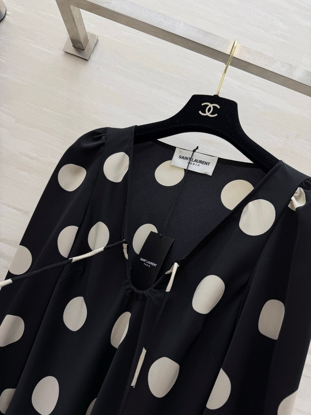 YSL Polka Dot Satin Long Dress Black White 394186