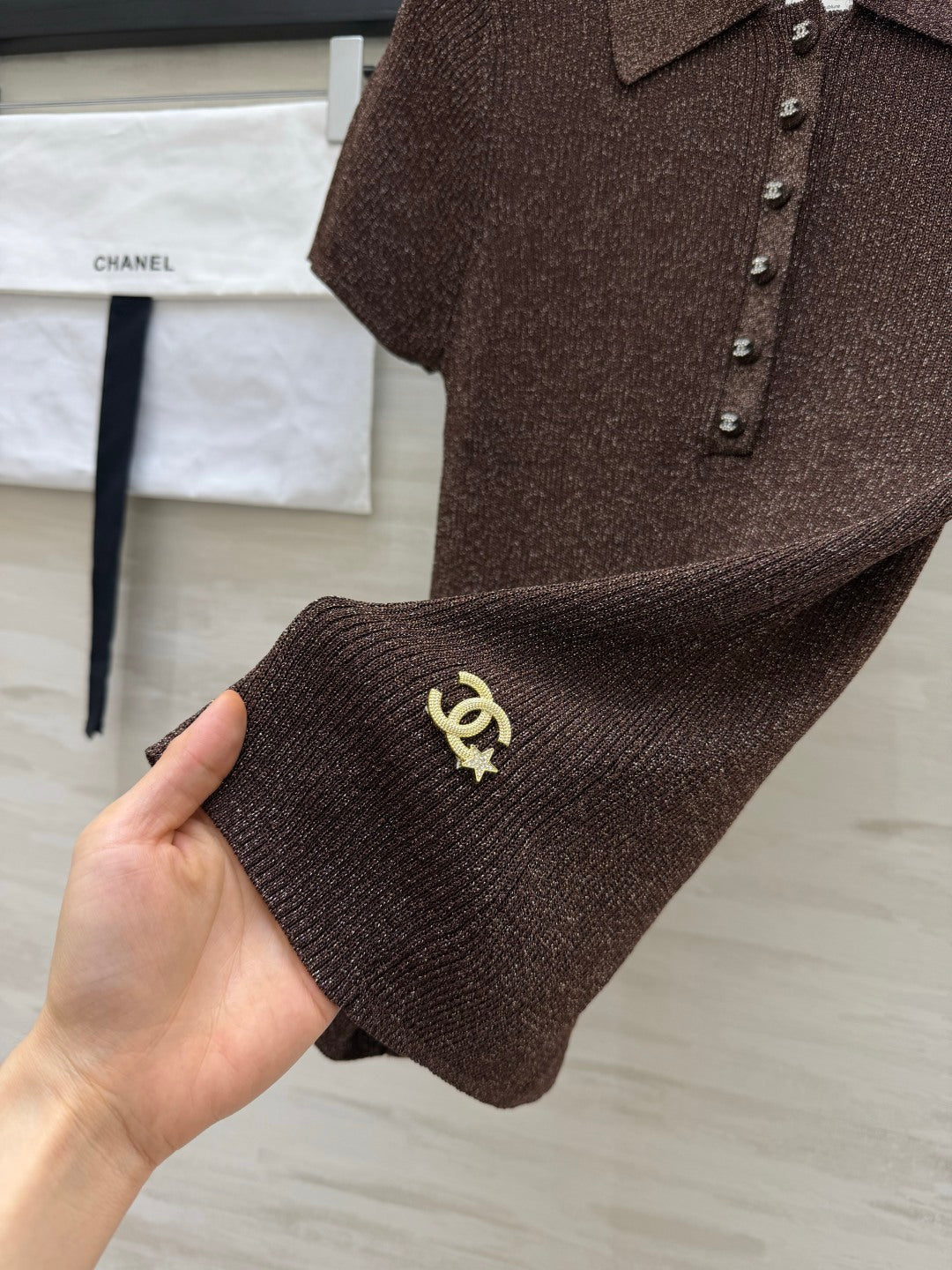 CC 26s Polo Knit Short-Sleeve Sleeve Golden Brown Cashmere 394166