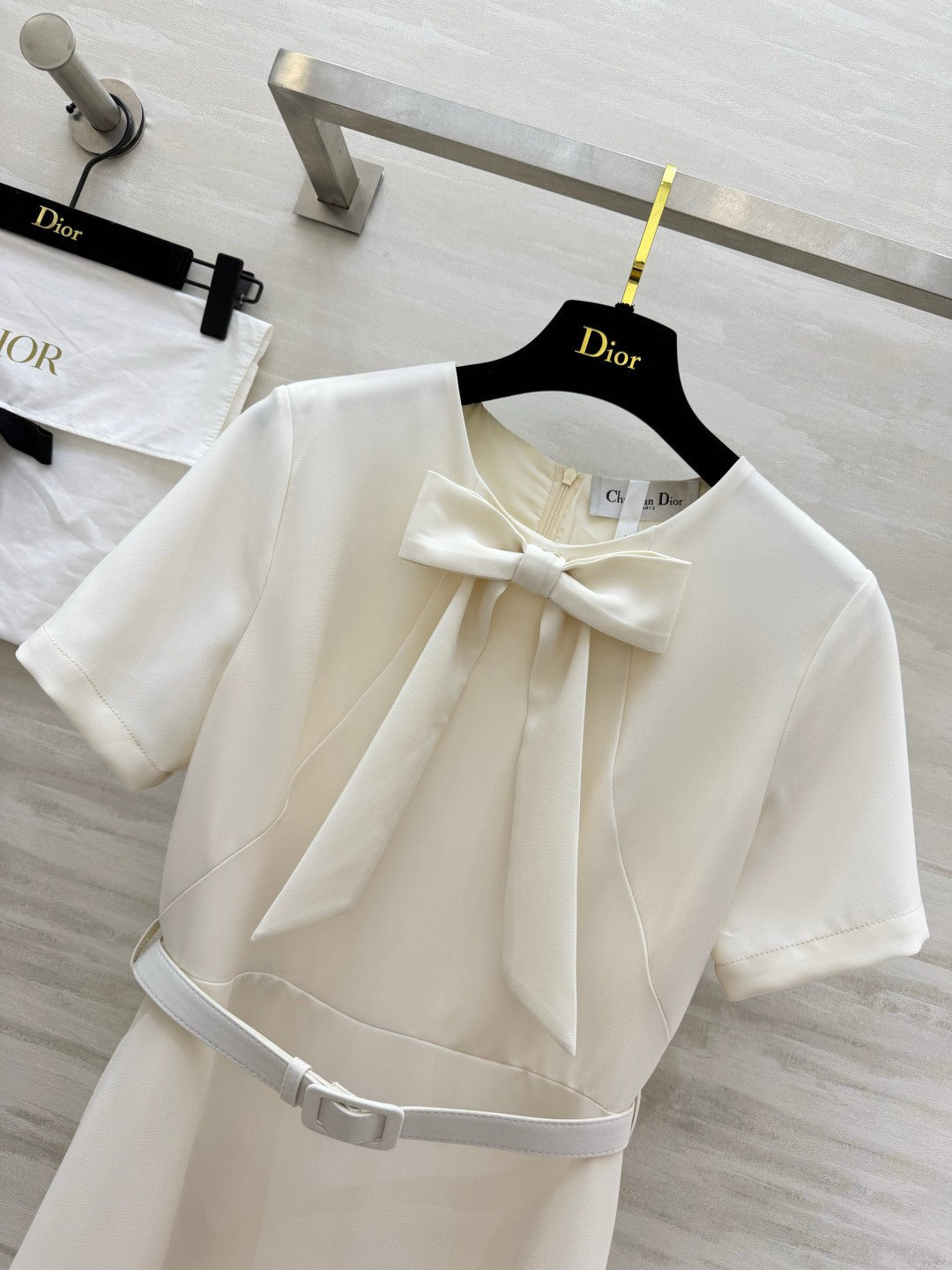 CD 26s Mid-Length Belted Dress White Wool  Silk 394159