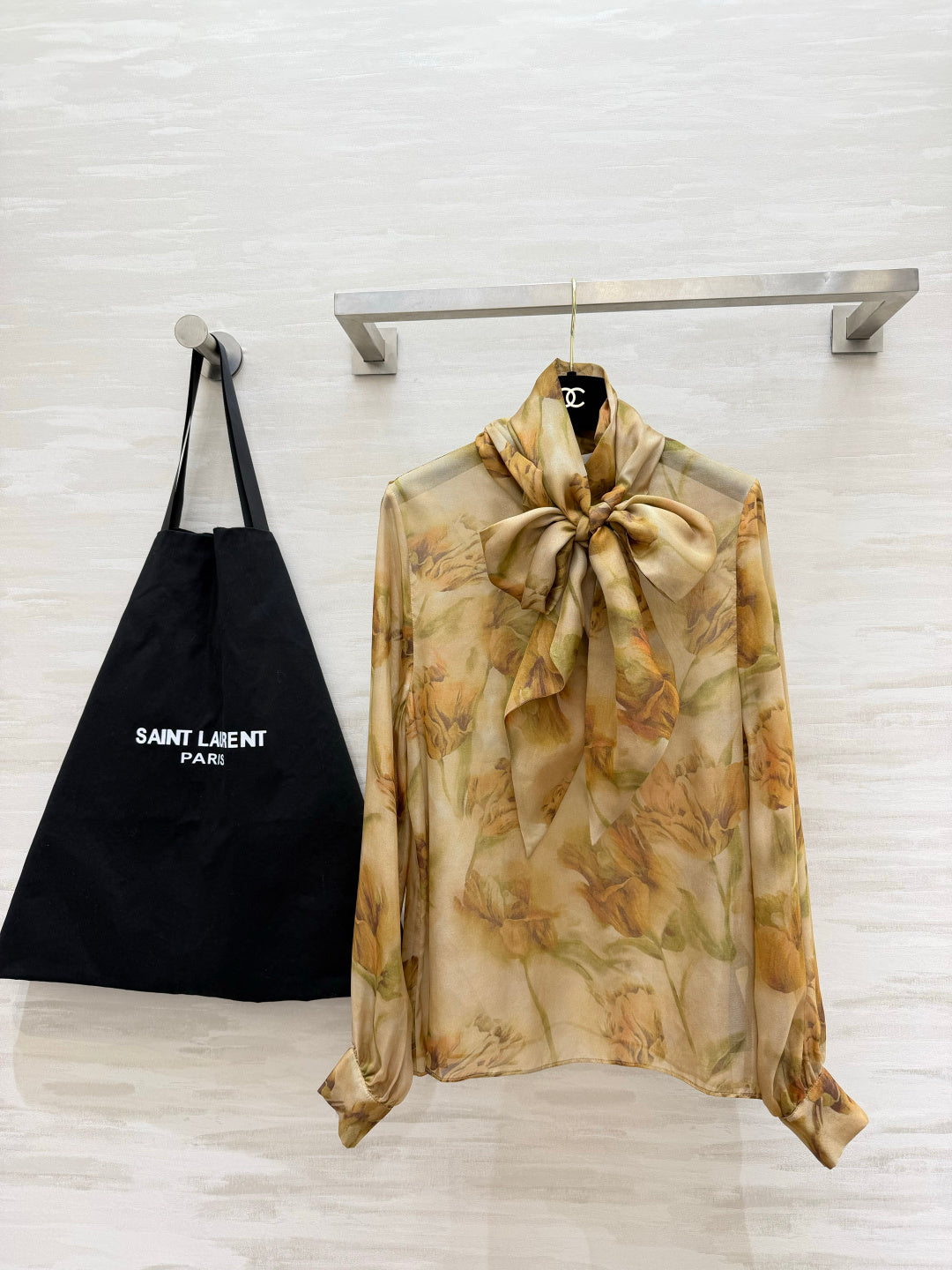 YSL Lavallière Leopard-Print Blouse Beige Silk 397064