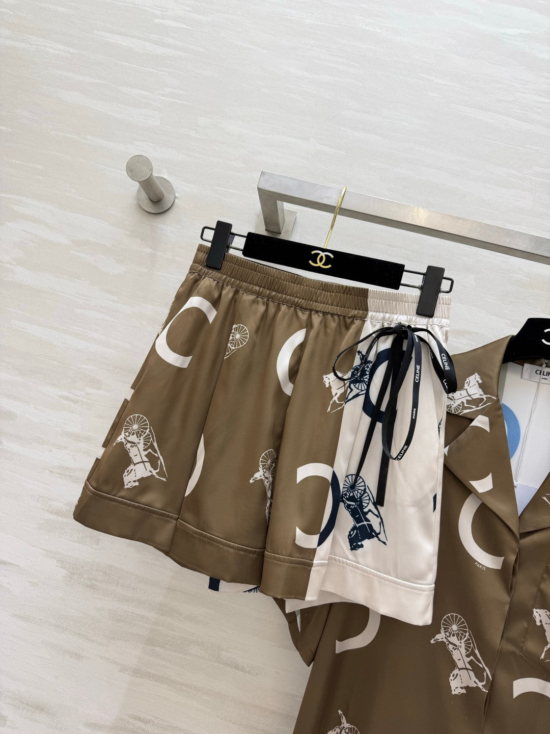 Celine Set Pyjama Shirt Short Brown White Silk Twill 397059