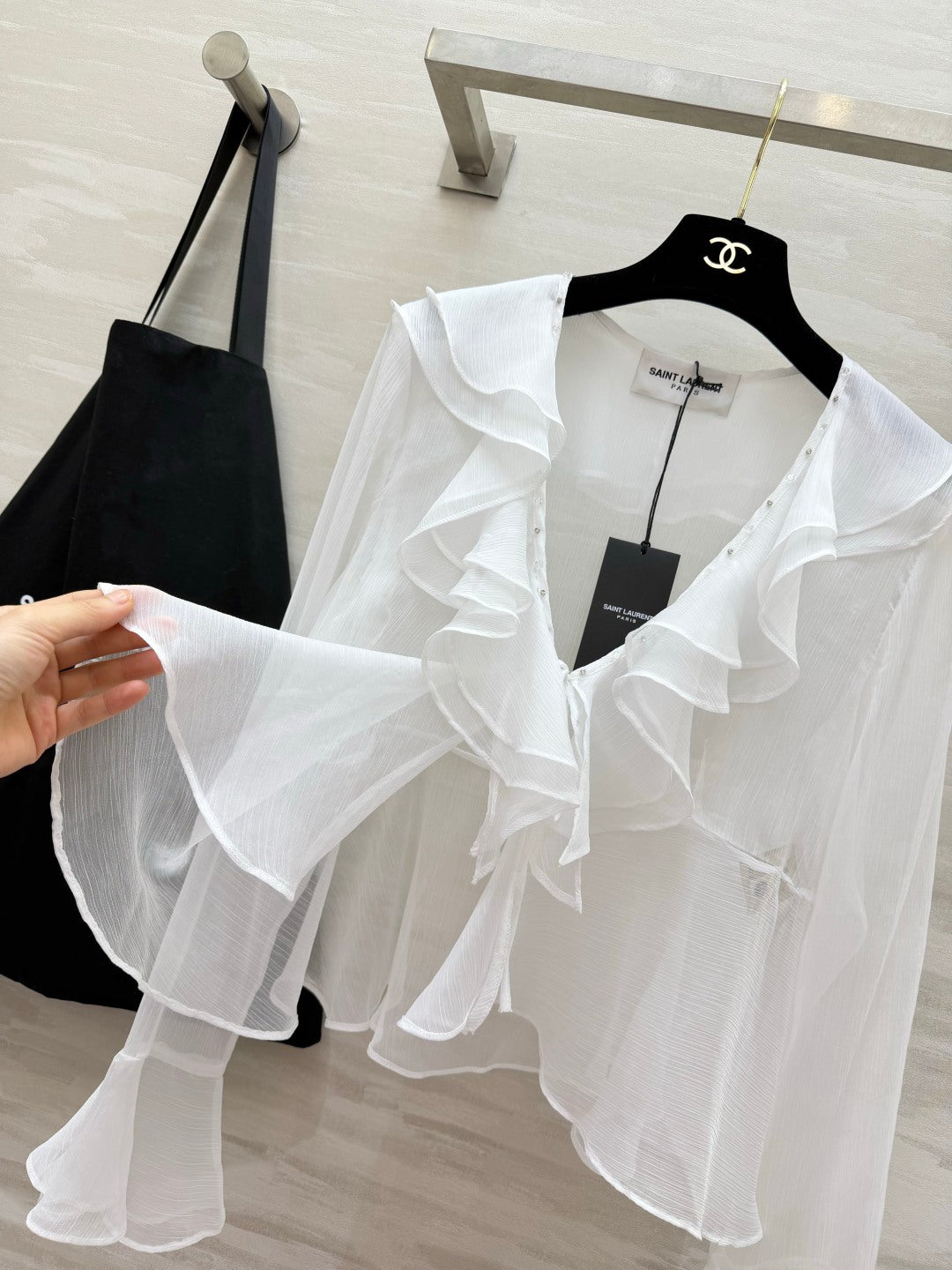 YSL 26s V-neck Ruffle Top White Mesh 396986