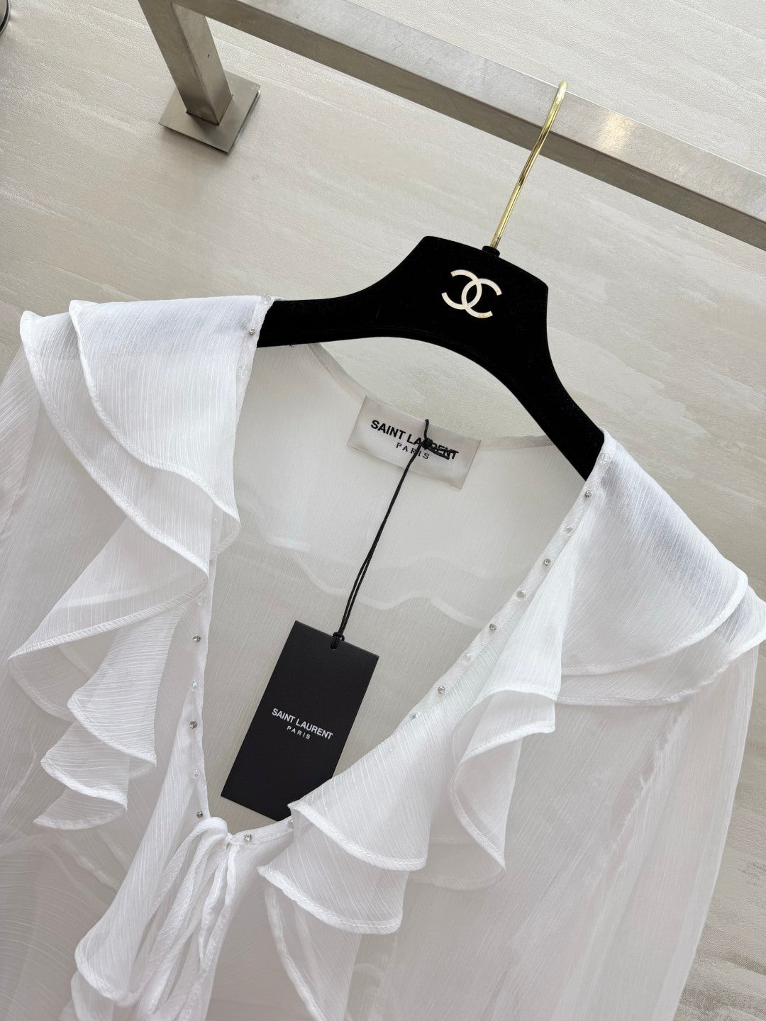YSL 26s V-neck Ruffle Top White Mesh 396986