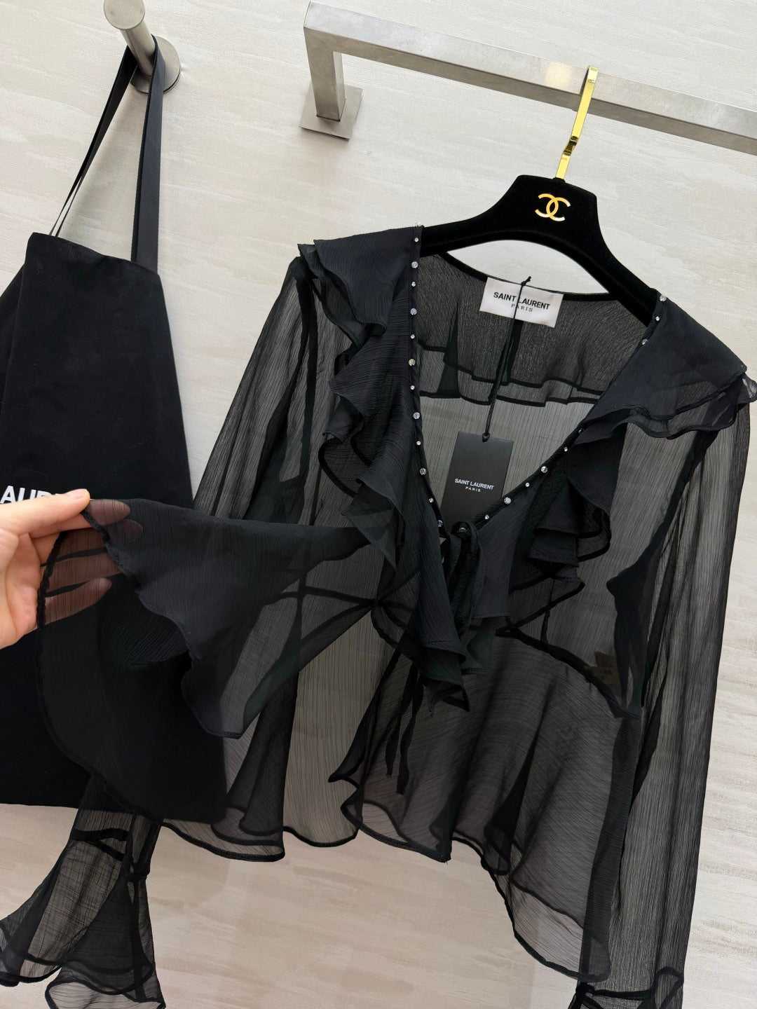 YSL 26s V-neck Ruffle Top Black Mesh 396988