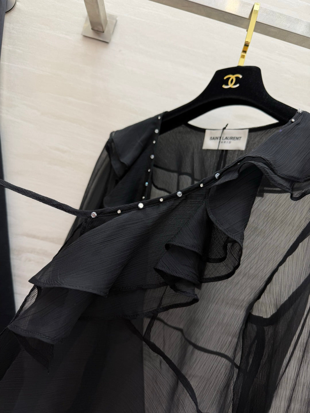 YSL 26s V-neck Ruffle Top Black Mesh 396988
