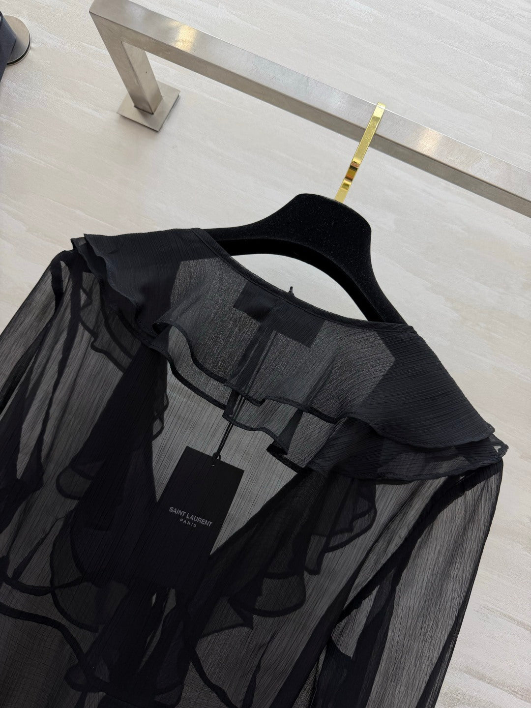 YSL 26s V-neck Ruffle Top Black Mesh 396988