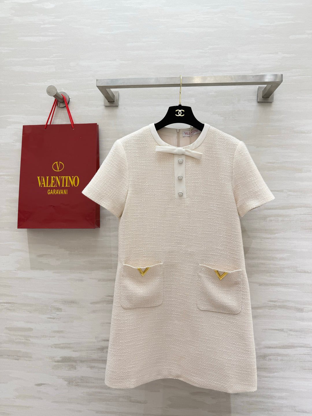VT 26s Bow-Detail Mini Dress Cream Wool Nylon 398911
