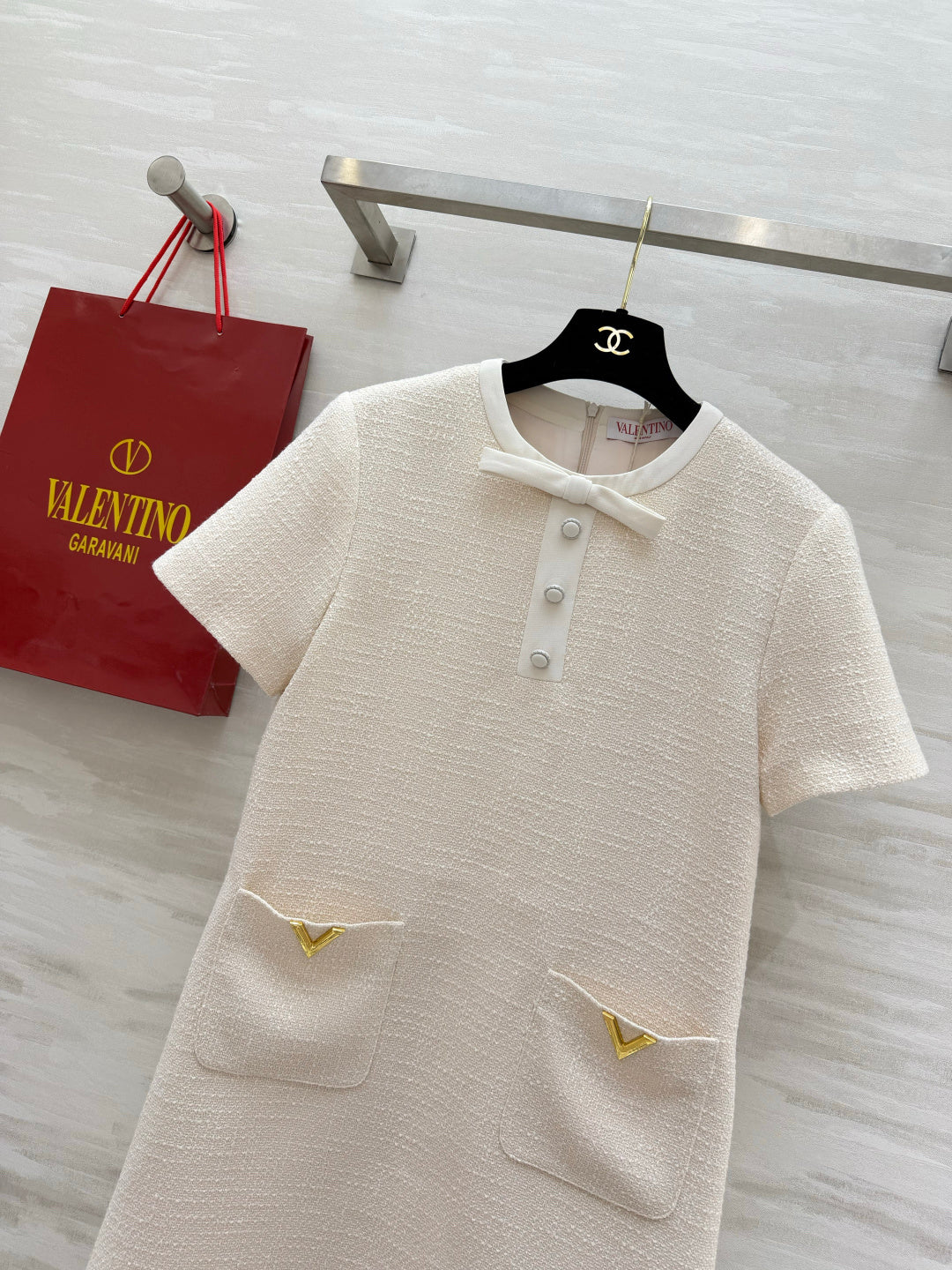 VT 26s Bow-Detail Mini Dress Cream Wool Nylon 398911