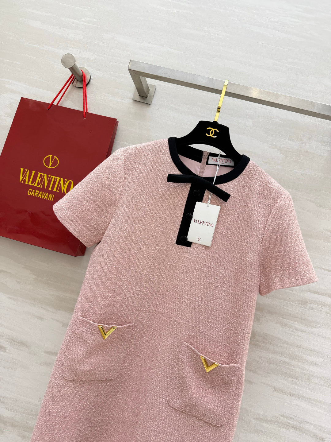 VT 26s Bow-Detail Mini Dress Light Pink Wool Nylon 398913