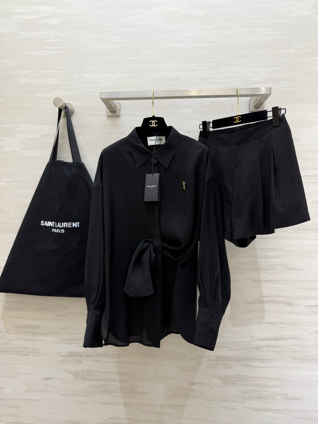 YSL 26s Long-Sleeved Silk Shirt Set Black398906