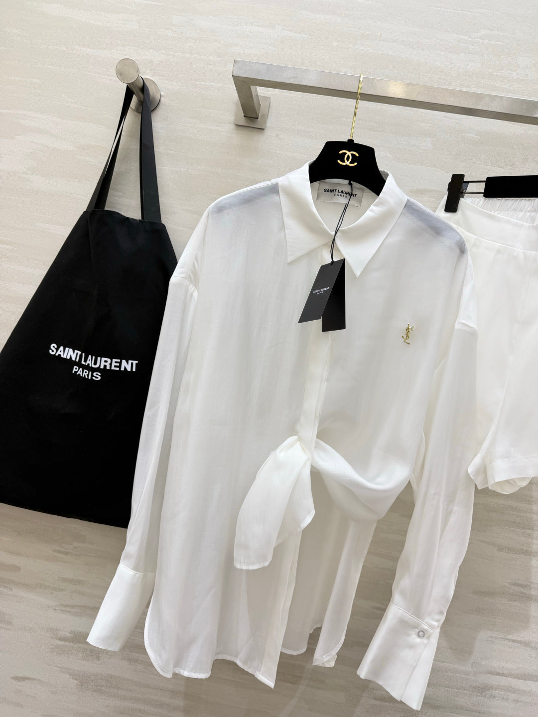 YSL 26s Long-Sleeved Silk Shirt Set White 398905