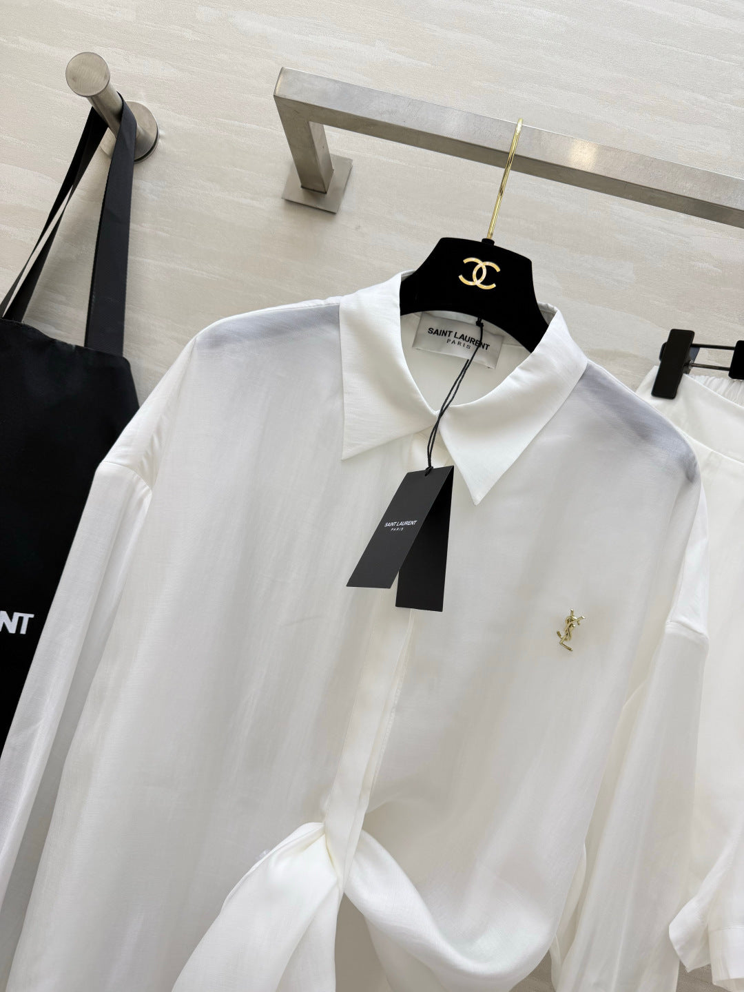 YSL 26s Long-Sleeved Silk Shirt Set White 398905