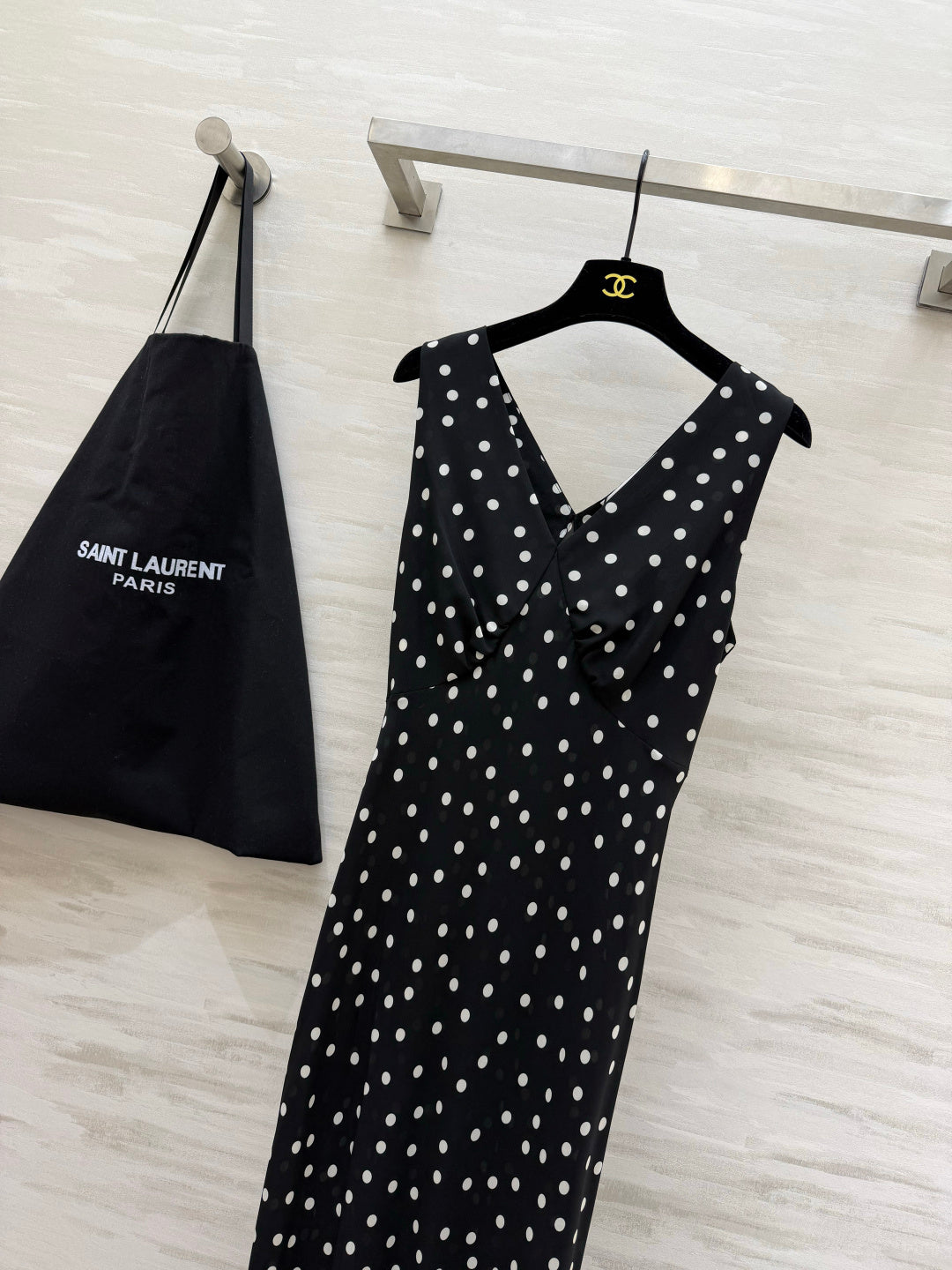 YSL 26s V-Neck Maxi Dress Black White Dress 398891