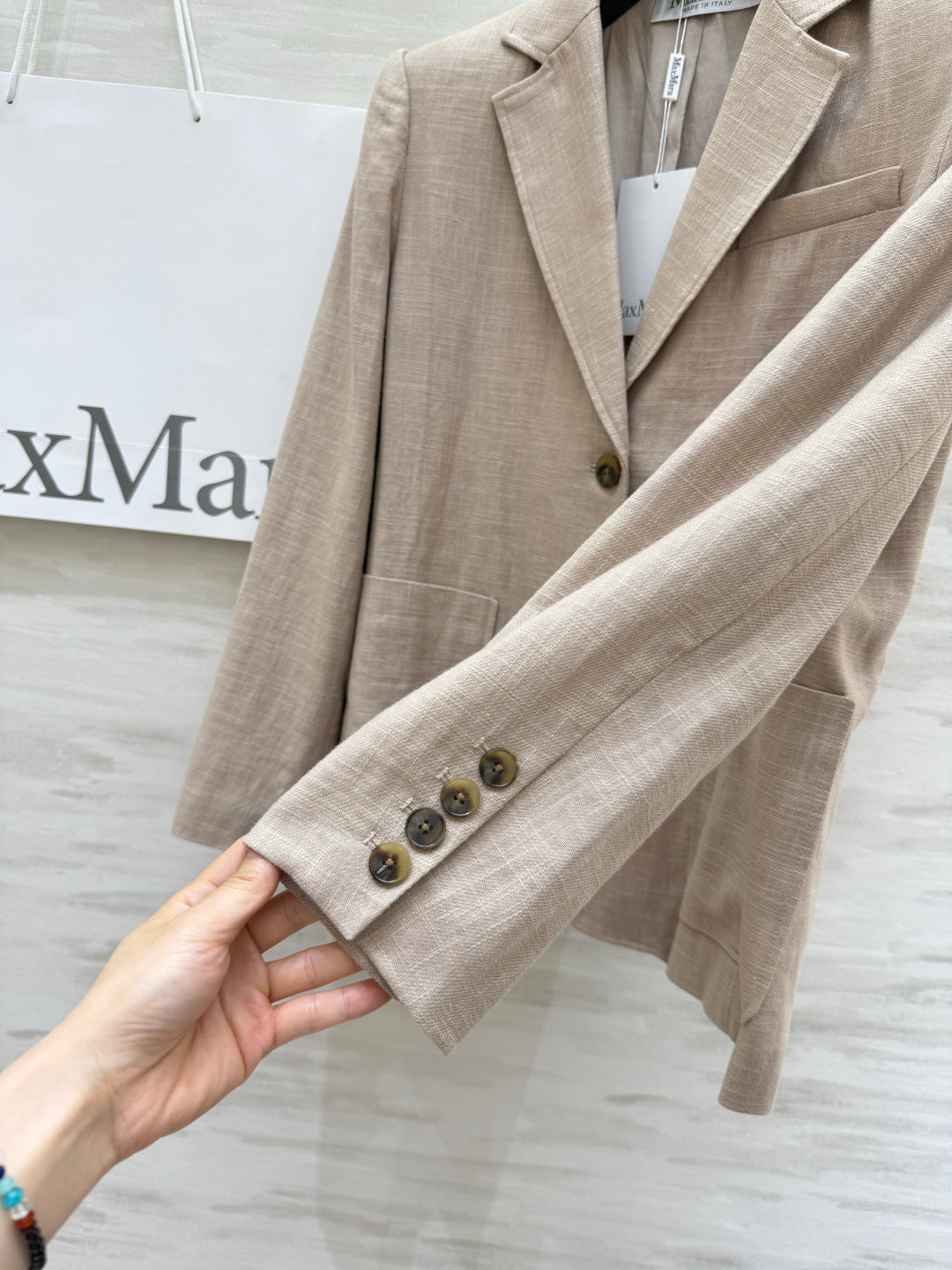 Max Mara Single-Breasted Blazer Light Khaki Linen 398830