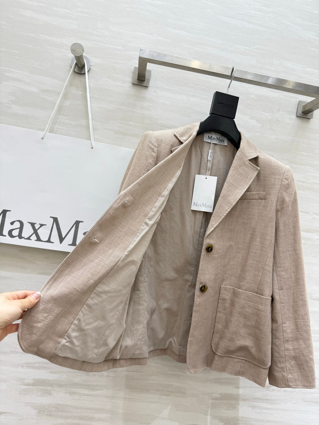 Max Mara Single-Breasted Blazer Light Khaki Linen 398830
