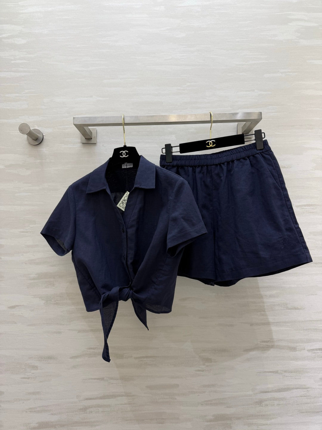 Loewe Summer Essential Two-Piece Set Shirt Loose Shorts Dark Blue Cotton 410411