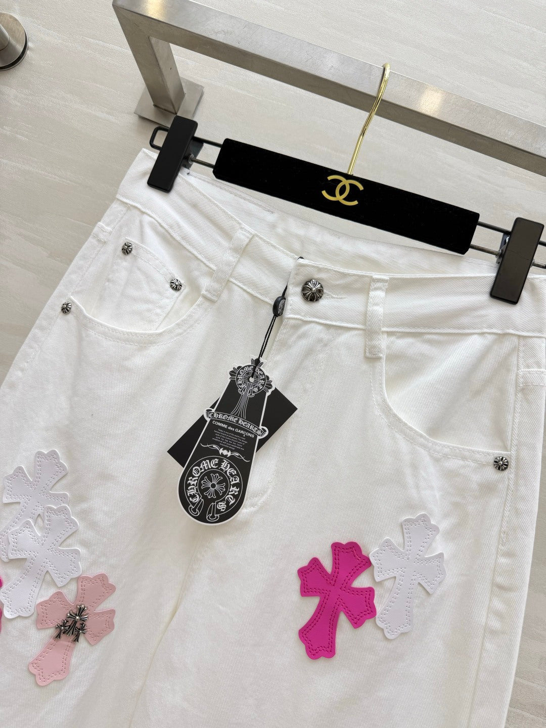 Chorme Heart Cross Patchwork Jeans Pink White Denim 408813