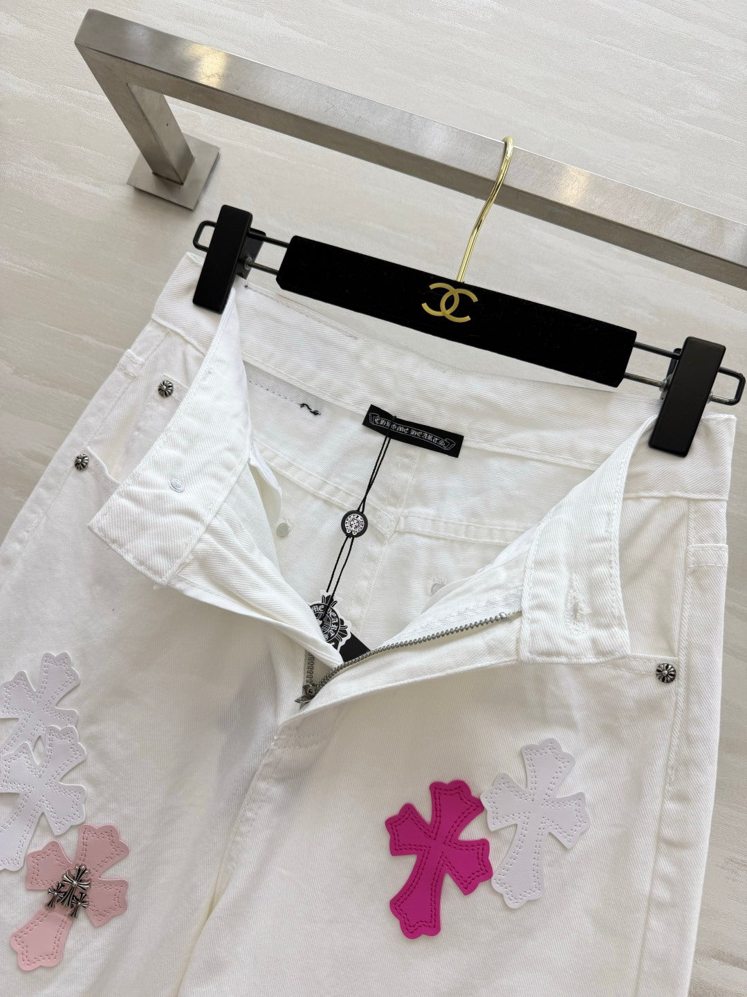Chorme Heart Cross Patchwork Jeans Pink White Denim 408813