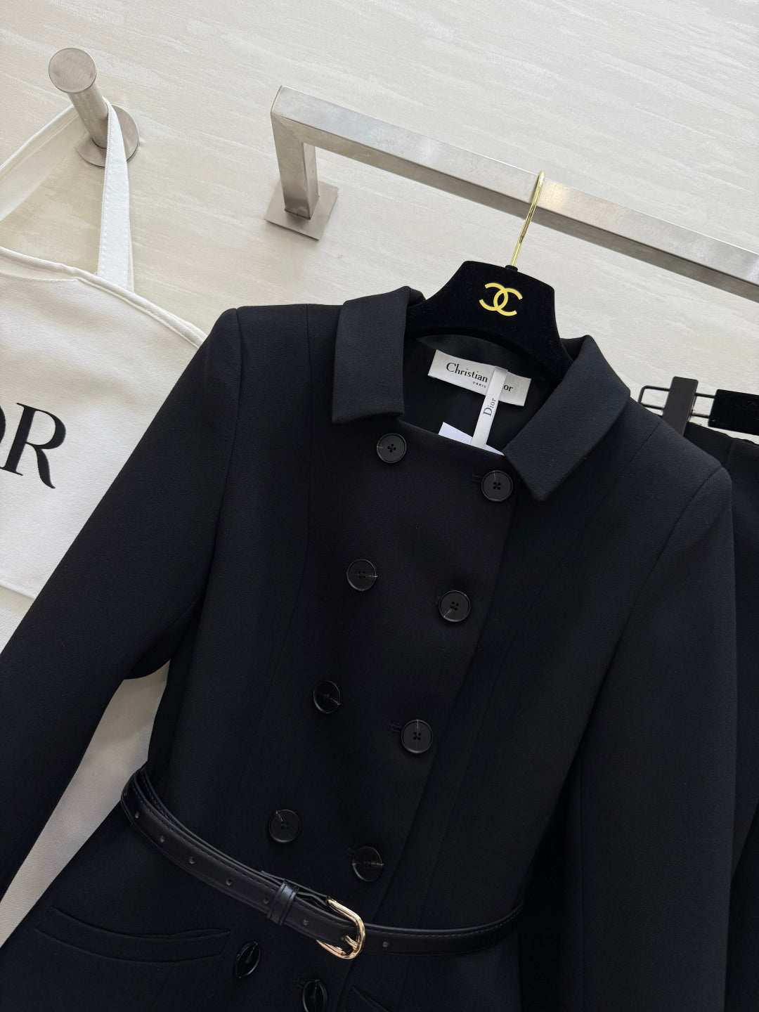 CD 26s Set Belted Jacket & Pant Black Virgin Wool and Silk 414136