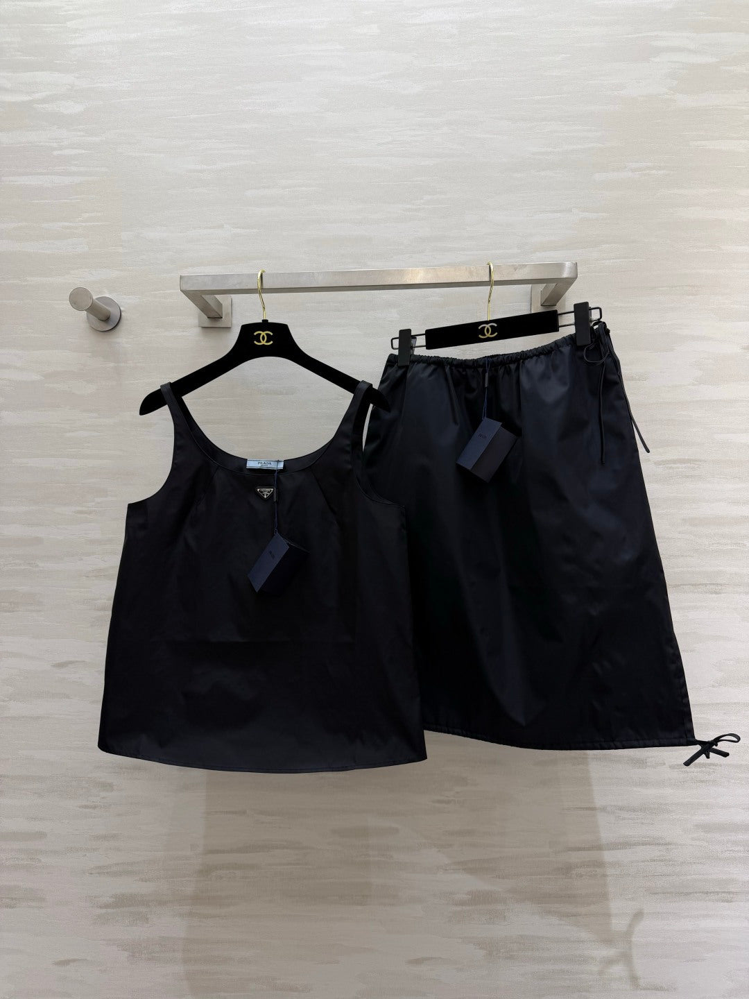 Prada Two-Piece Set Drawstring Skirt U-neck Black Camisole Nylon 416021
