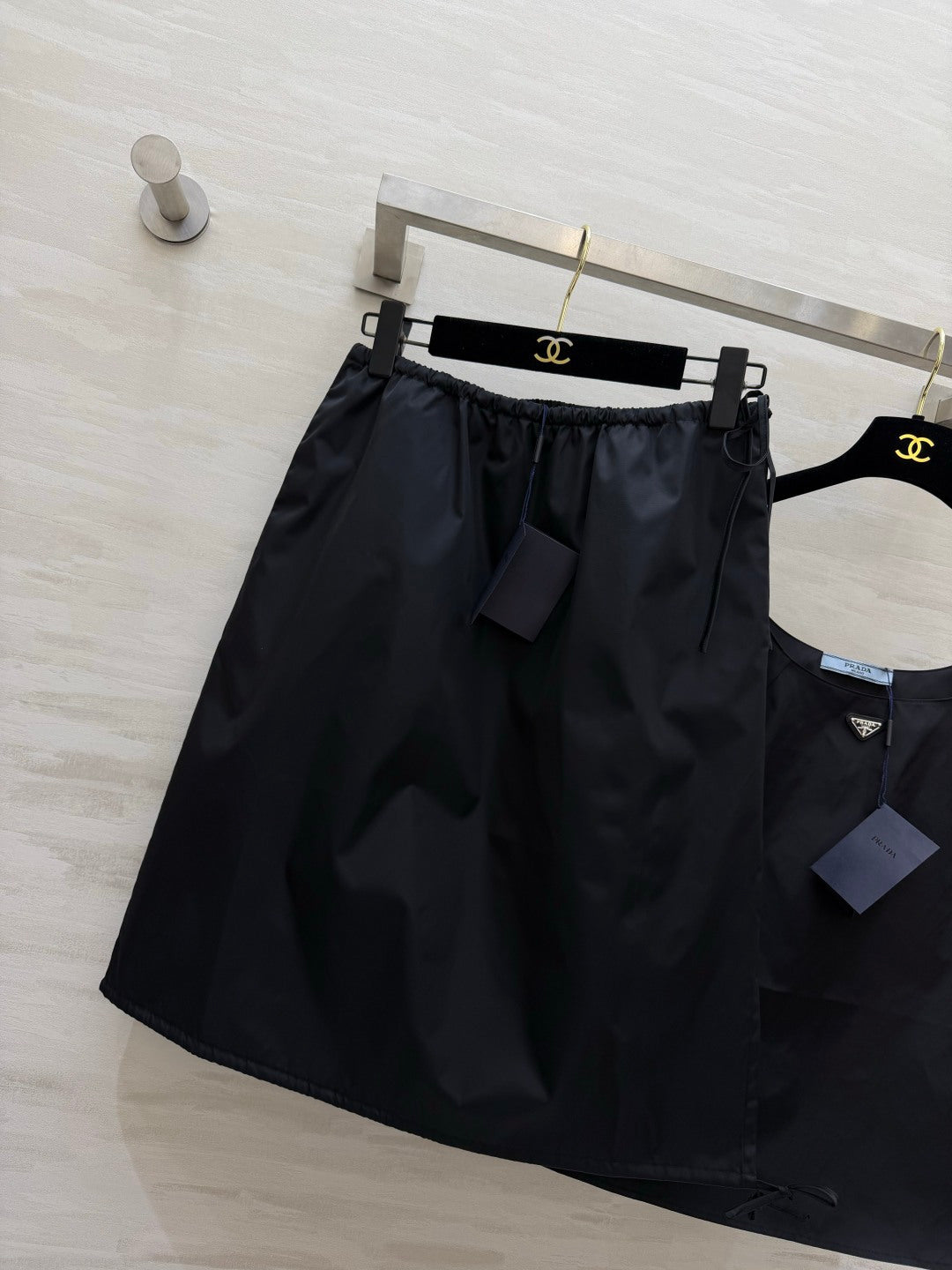 Prada Two-Piece Set Drawstring Skirt U-neck Black Camisole Nylon 416021
