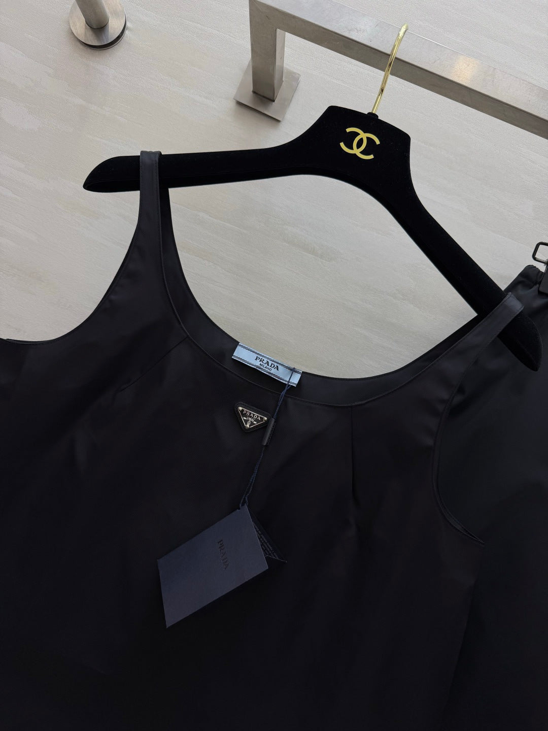 Prada Two-Piece Set Drawstring Skirt U-neck Black Camisole Nylon 416021