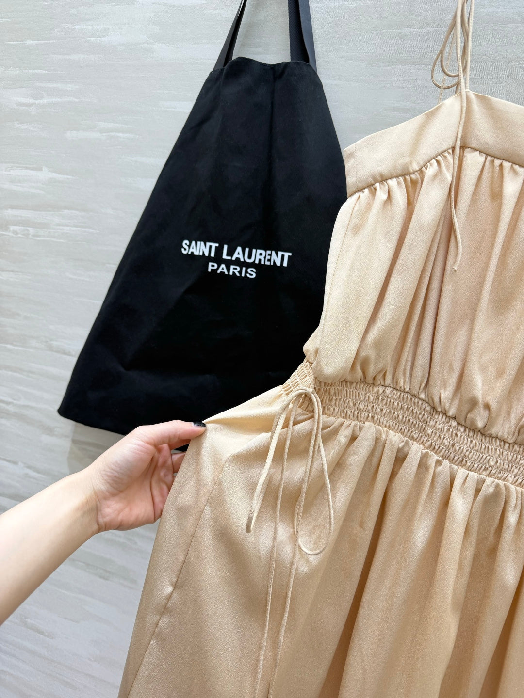 YSL 26s Ballon Midi Dress Light Beige Silk 415980