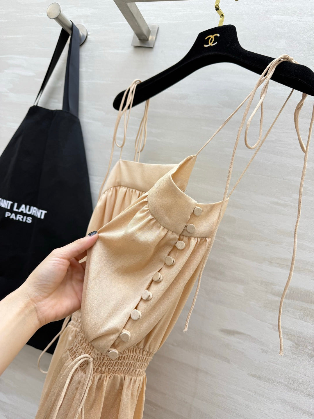 YSL 26s Ballon Midi Dress Light Beige Silk 415980