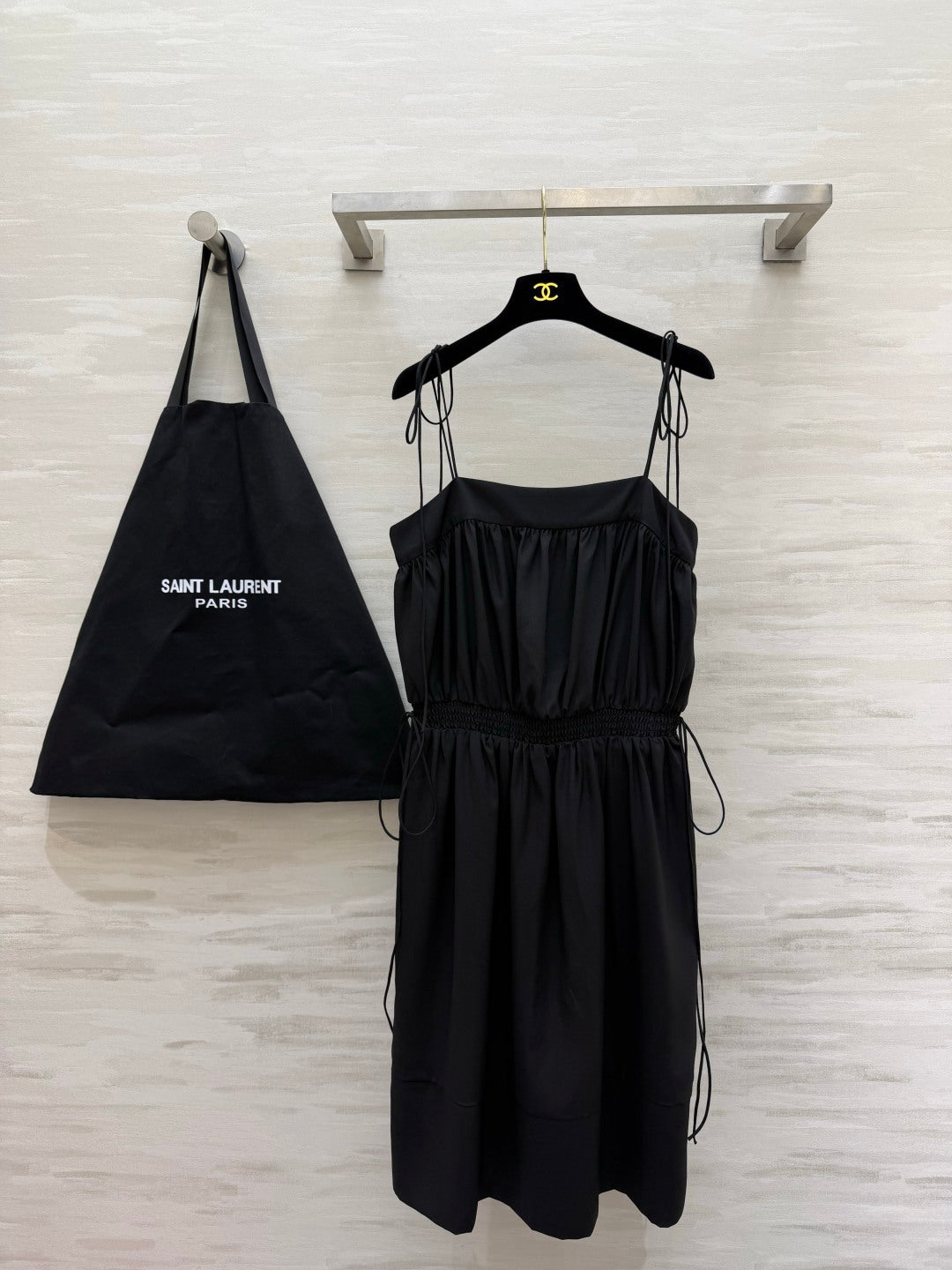 YSL 26s Ballon Midi Dress Black Silk 415982
