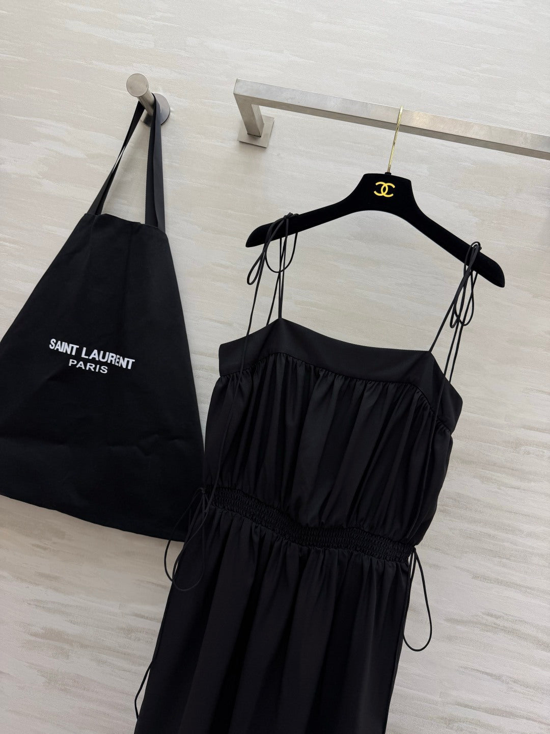 YSL 26s Ballon Midi Dress Black Silk 415982