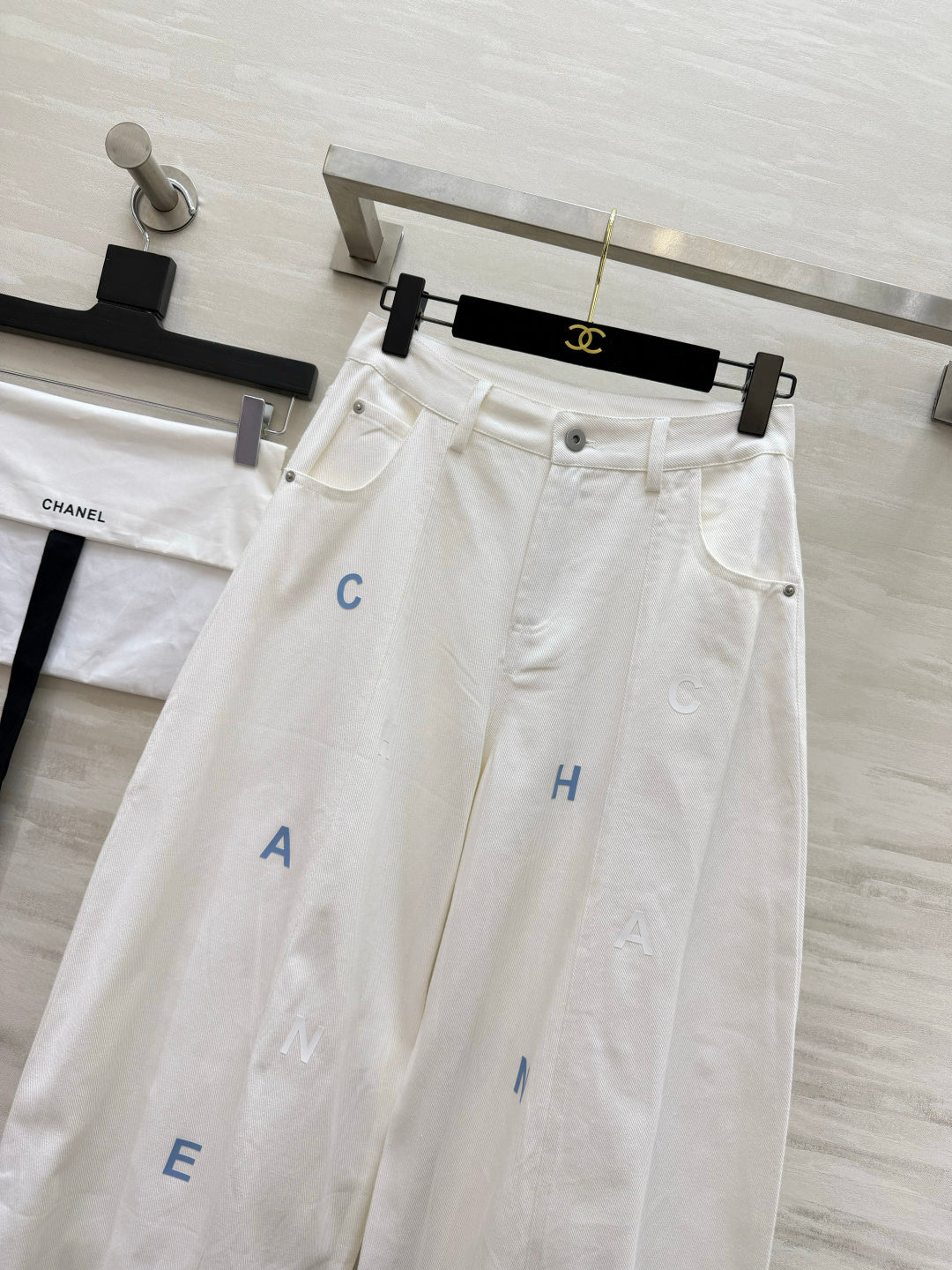 CC 26s Letter Embroidery Wide-Leg Pants White Cotton 415961
