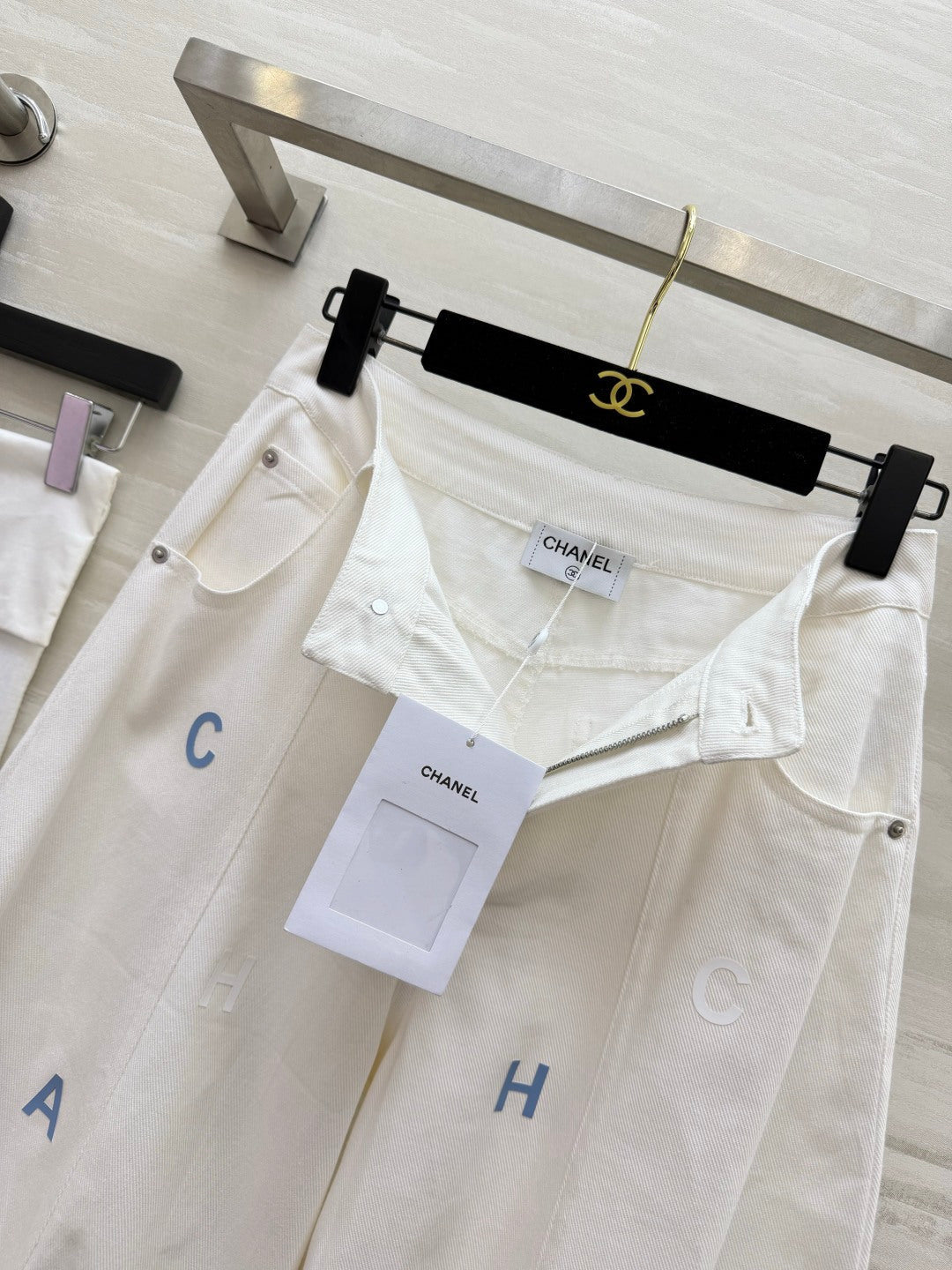 CC 26s Letter Embroidery Wide-Leg Pants White Cotton 415961