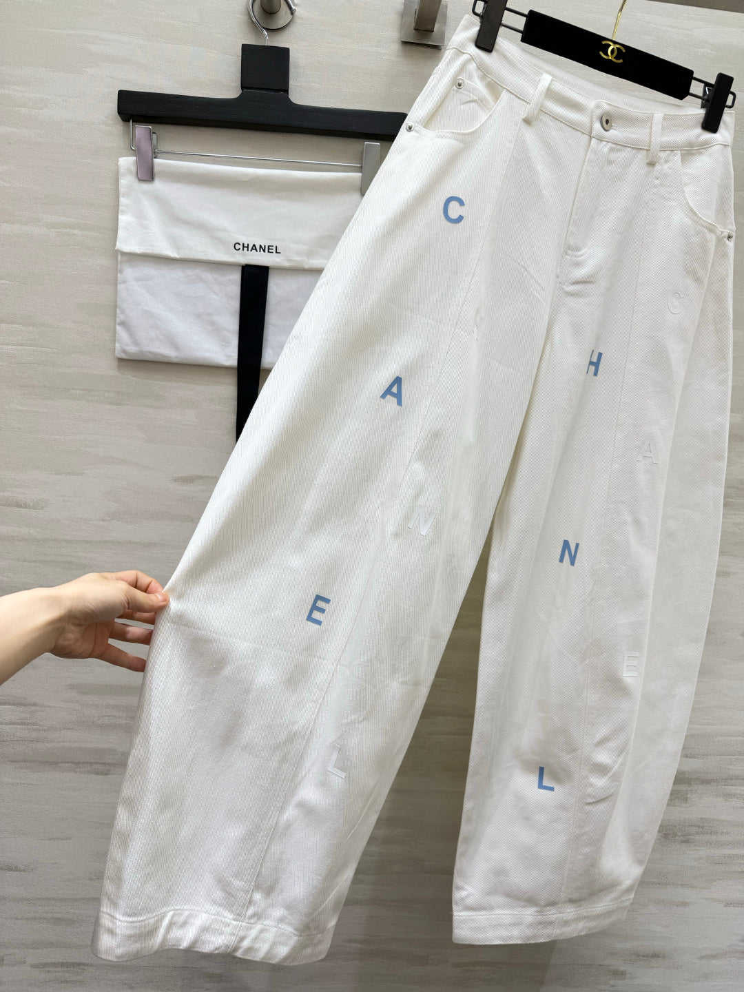 CC 26s Letter Embroidery Wide-Leg Pants White Cotton 415961